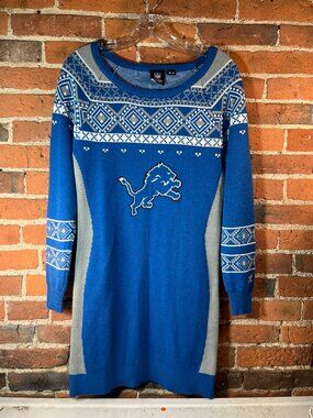 Detroit Lions NFL Sweater Dress Fair Isle Knit Blue Gray Women's Size M